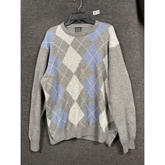 Jos. A. Bank Sweater Mens XL Gray Blue Argyle Lambswool Blend Crewneck Pullove - Picture 1 of 5